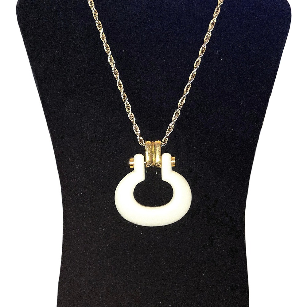 Crown Trifari Pendant Necklace OS Ivory Lucite MCM 1970s Gold Tone Trifanium 27"
